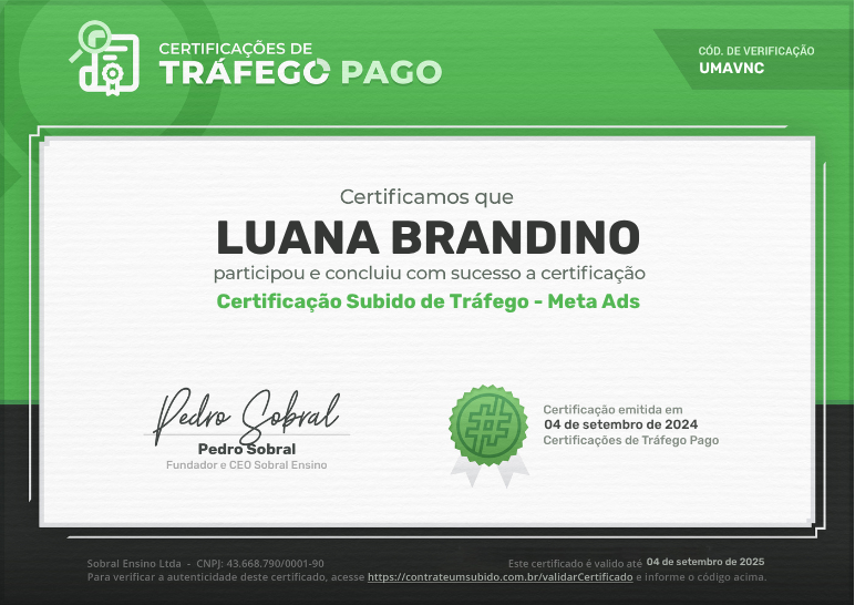 Certificado de Luana Brandino em Meta Ads